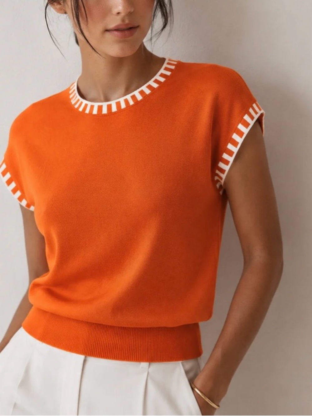 NWT Commense Bright Orange Knit Top with White Trim